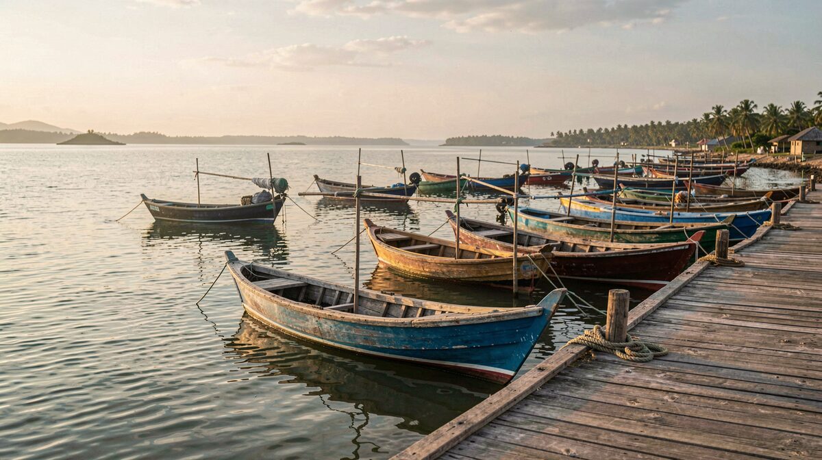 Early morning at a small fishing harbor in northern Madagascar, wooden boats moored in flat water, low golden sunlight, wide shot from the pier.