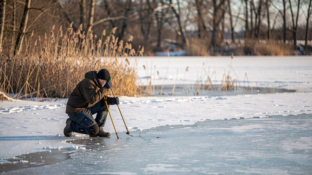 A frozen lake at low winter sun, a person kneeling with a measuring tool at the ice edge, wide shot with reeds and bare trees in the background.